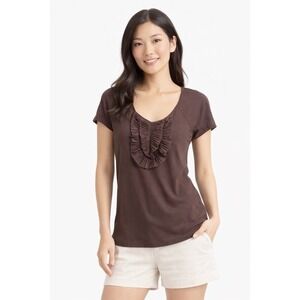 Ann Taylor LOFT Brown Ruffle Scoop Neck Short Sleeve Knit Top S Fairycore  88-10